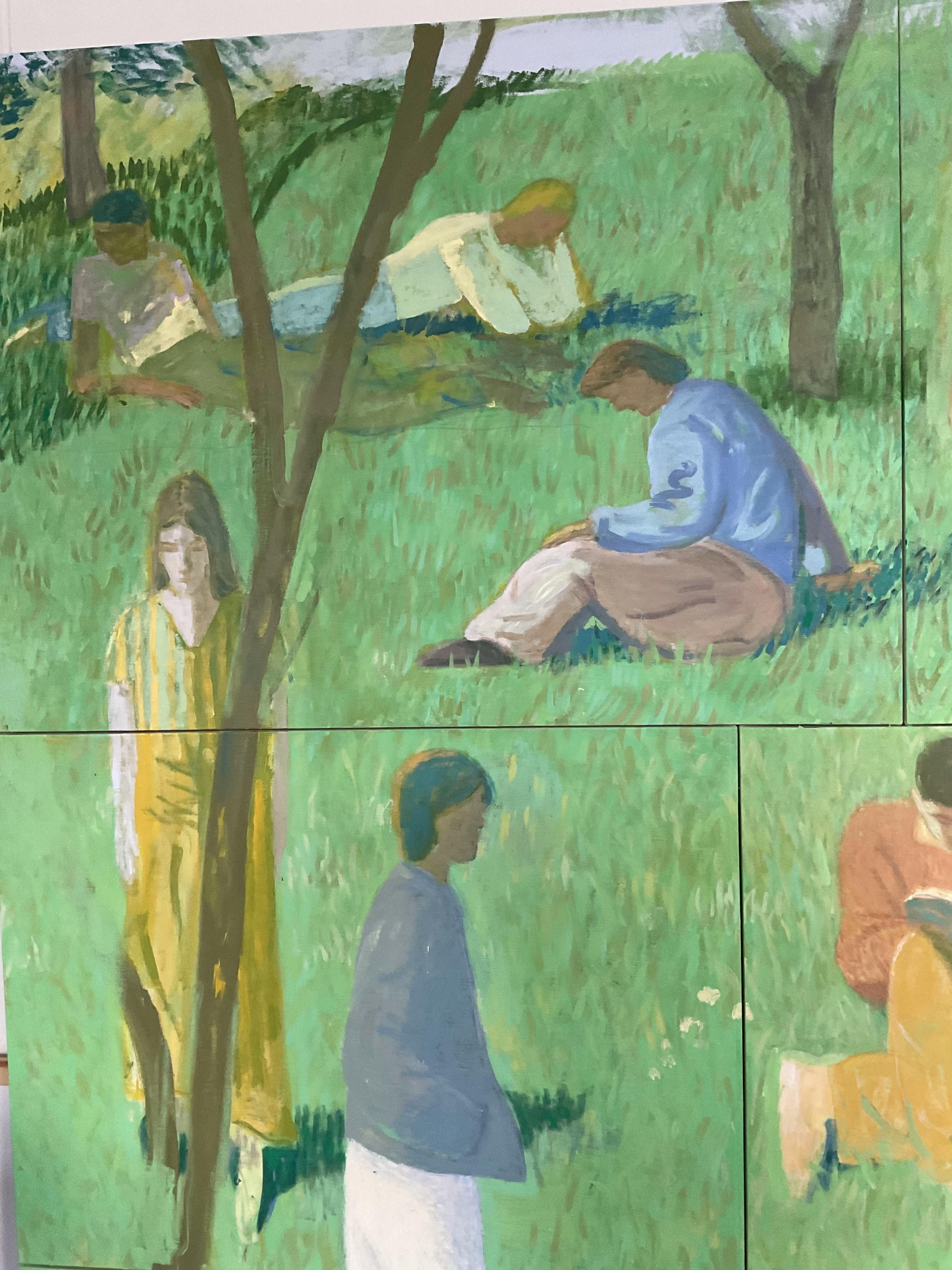 A close-up of a figurative painting by artist Jackson Joyce of people laying in a grassy park with trees.