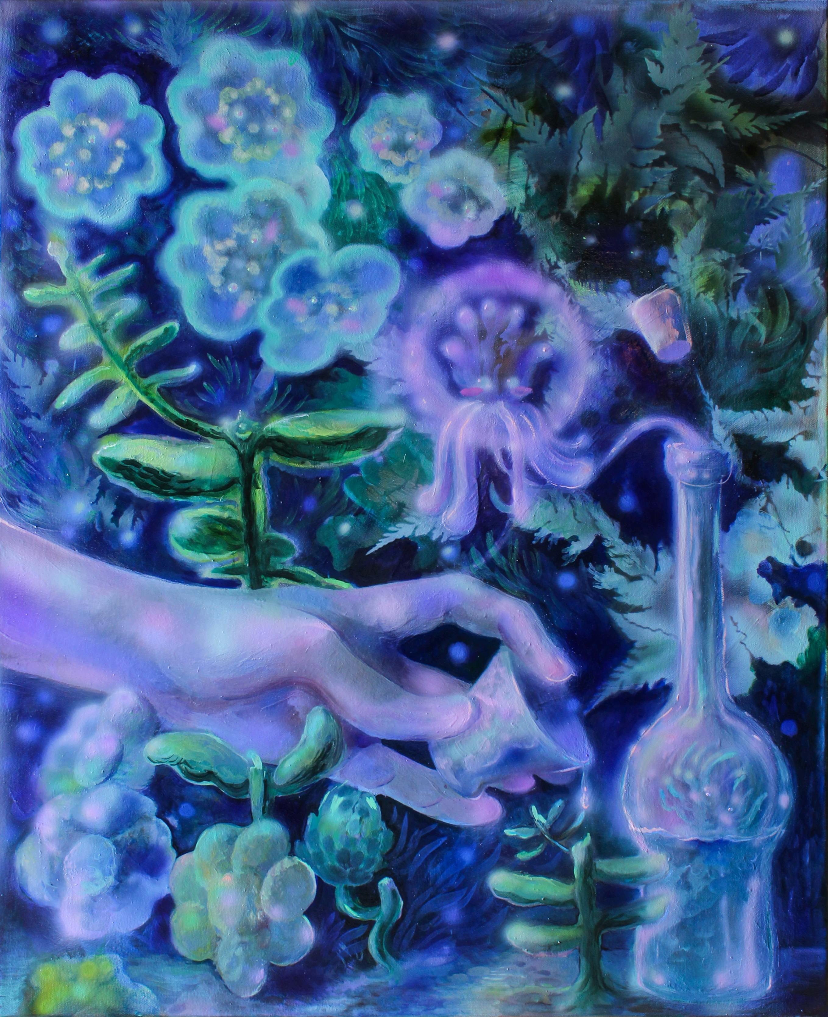A blue and purple painting of a hand in a garden by Nefertiti Jenkins.