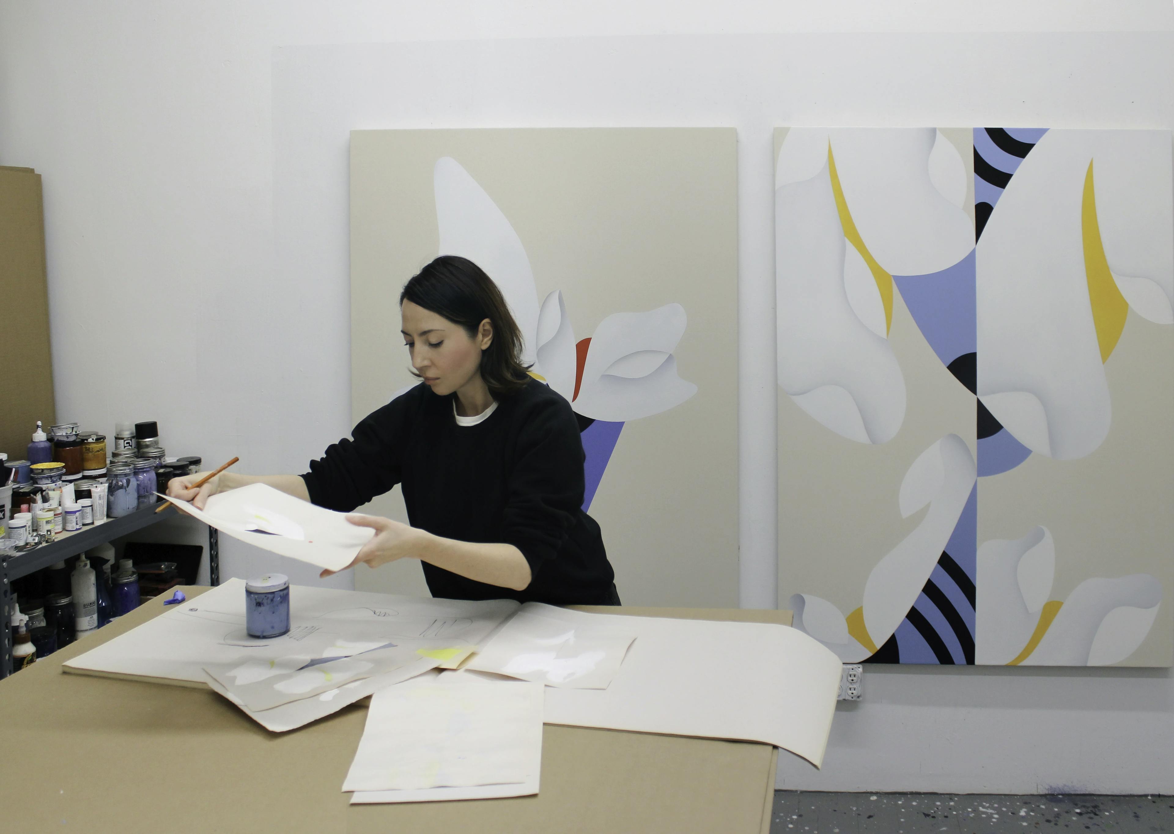 Artist Senem Oezdogan working in her studio. 