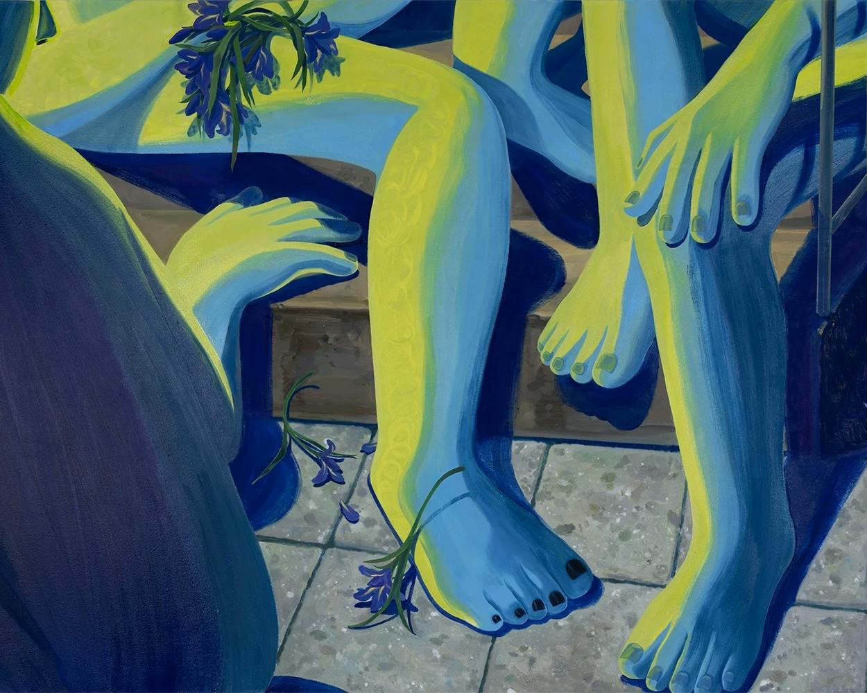 Close-up of a figurative, blue and yellow oil painting by artist Heejo Kim.
