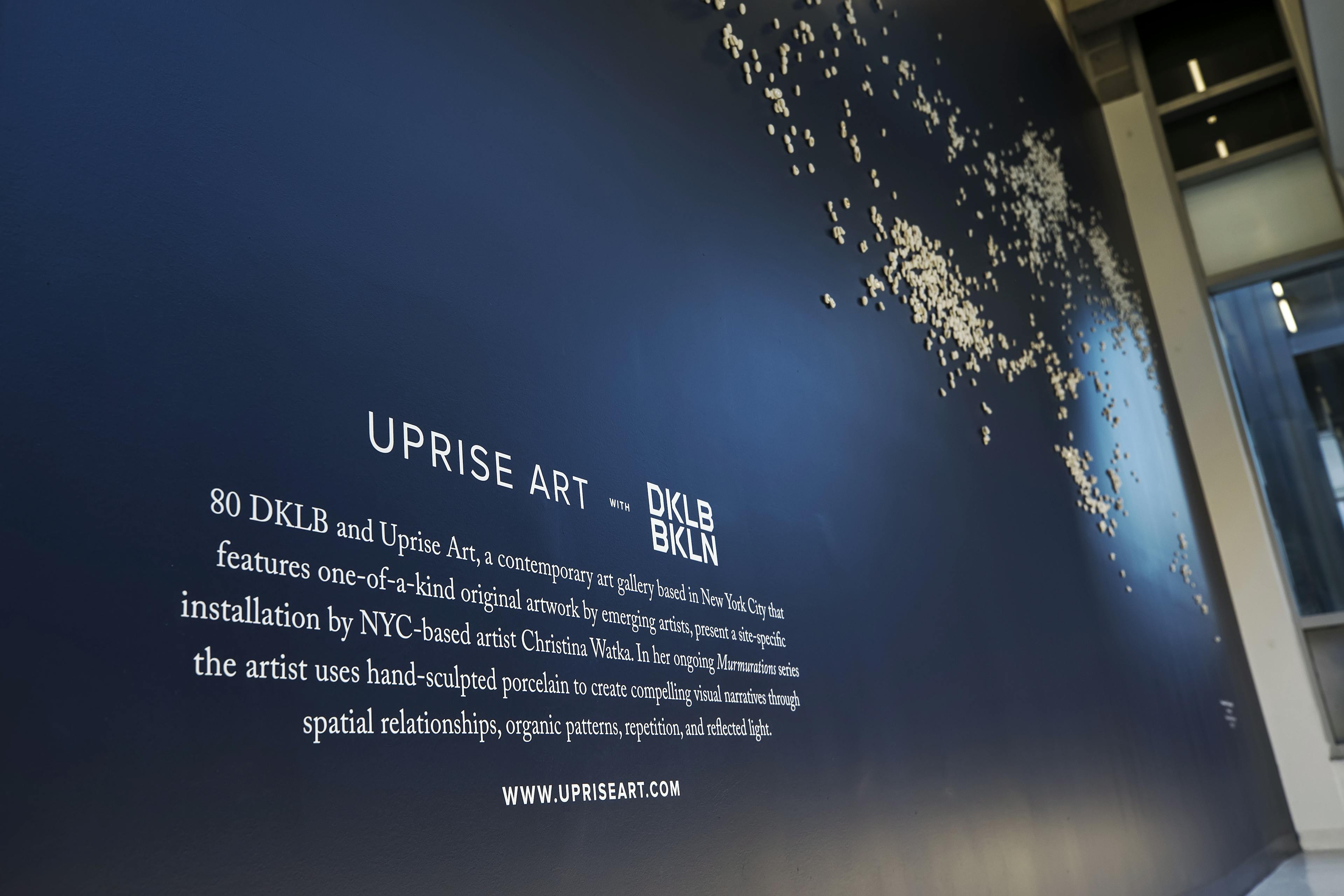 Close-up of text on a dark blue wall that describes the custom wall installation by artist Christina Watka.