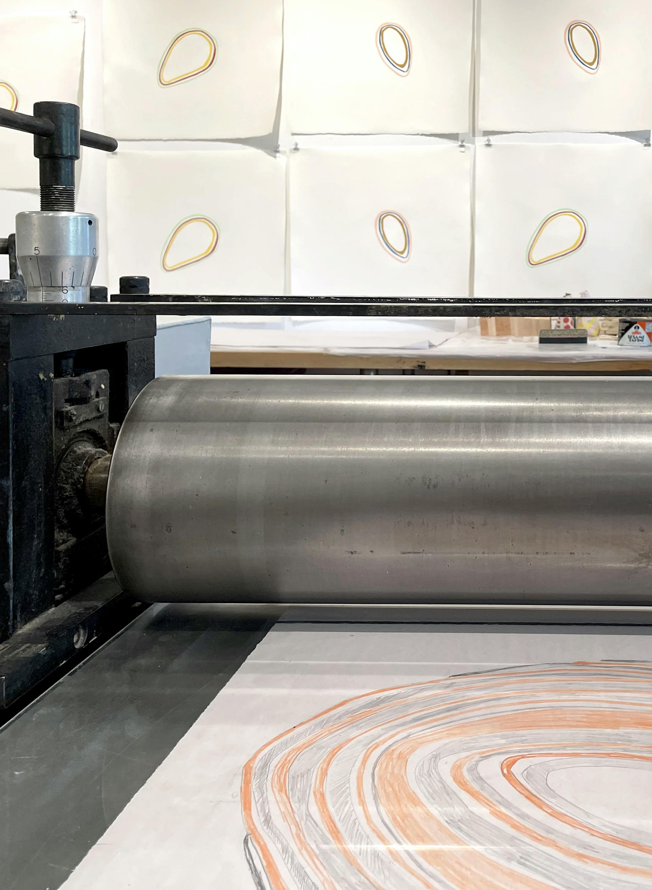Printmaking press in artist Laura Berman's studio.