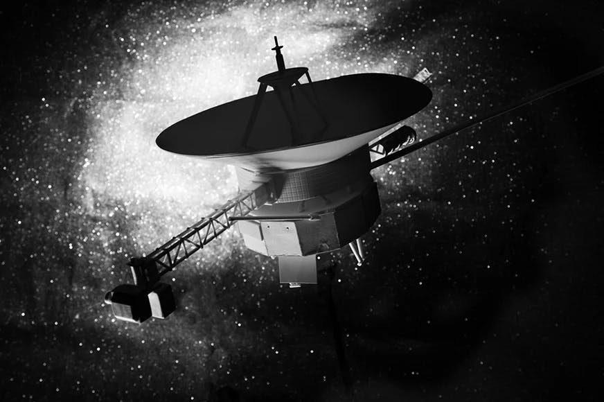 Black and white photograph of an interstellar probe by artist Bill Finger.