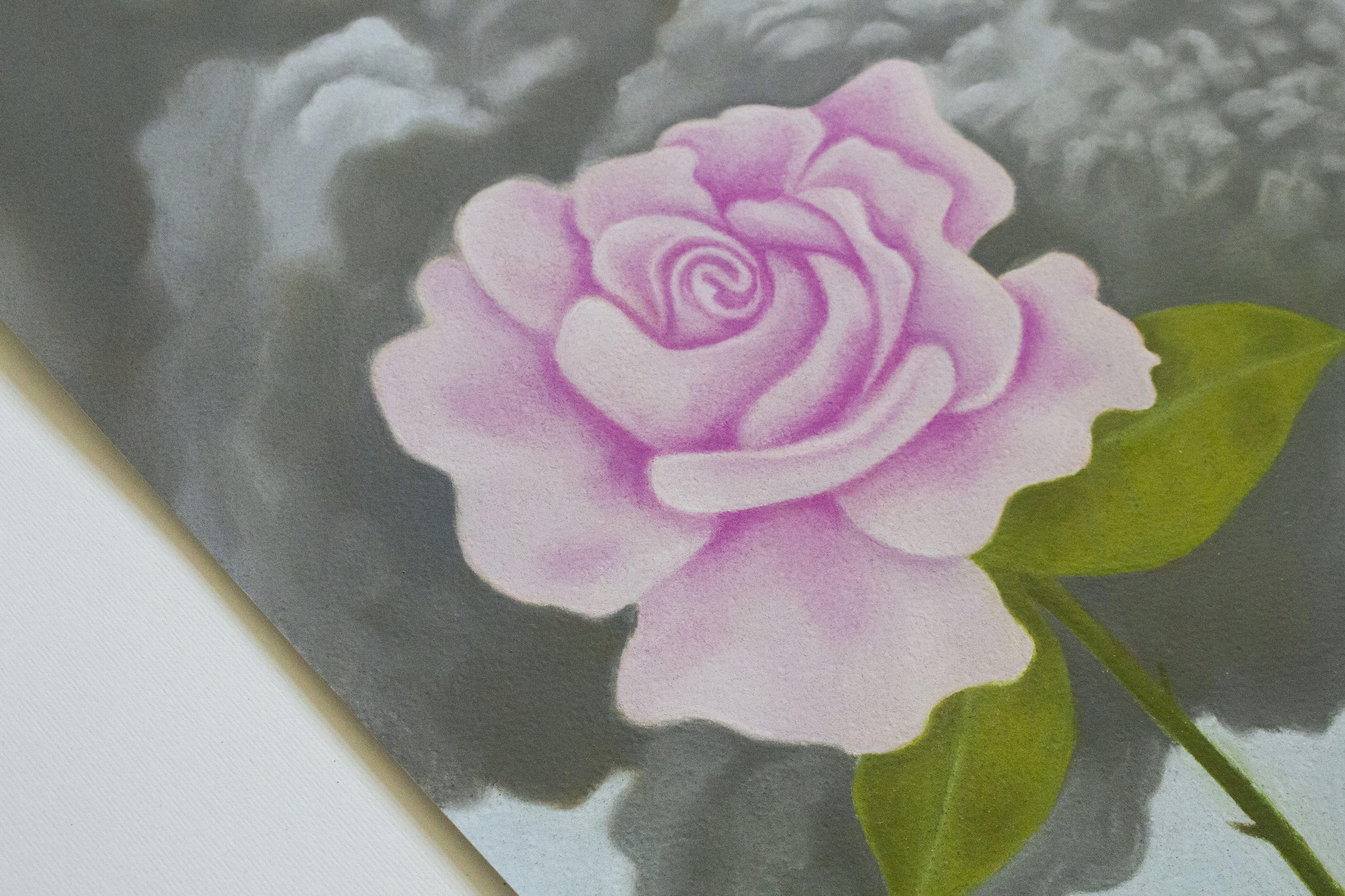 Close-up a pink rose in artist Rachel Levit Ruiz' pastel drawing.