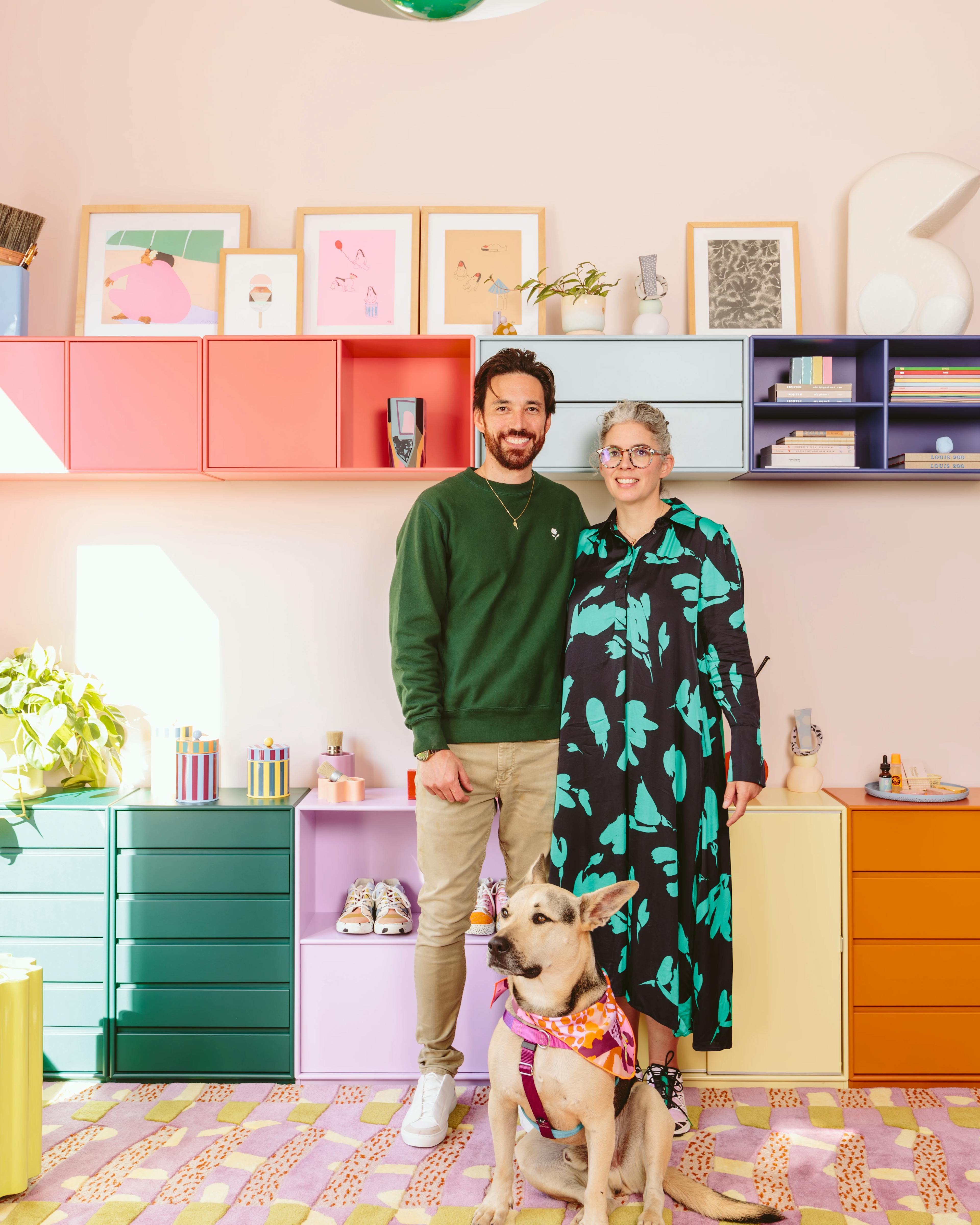 Artist Alex Proba, her husband, and their dog in their colorful Portland, Oregon home. 
