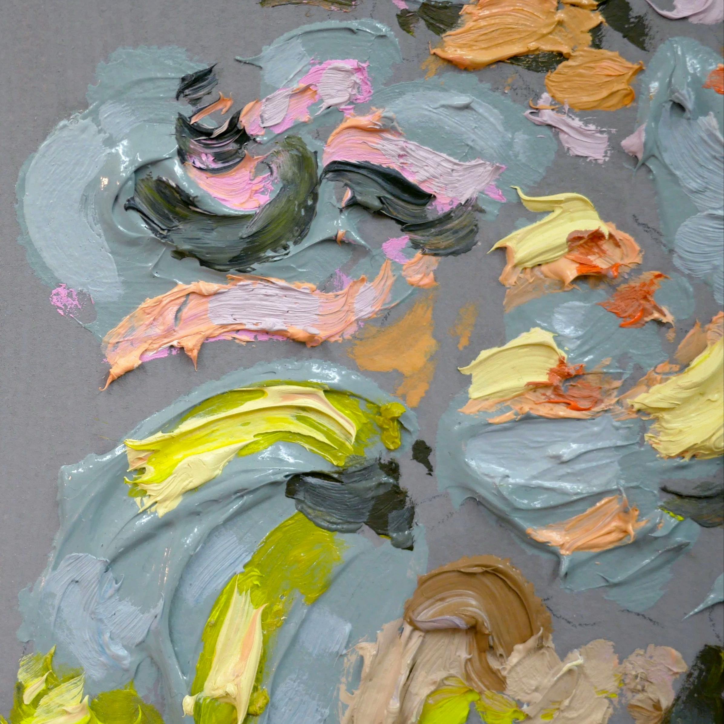 A close-up of a painting by Erin Lynn Welsh featuring swirls of dusty blue, pink, chartreuse, and black paint.