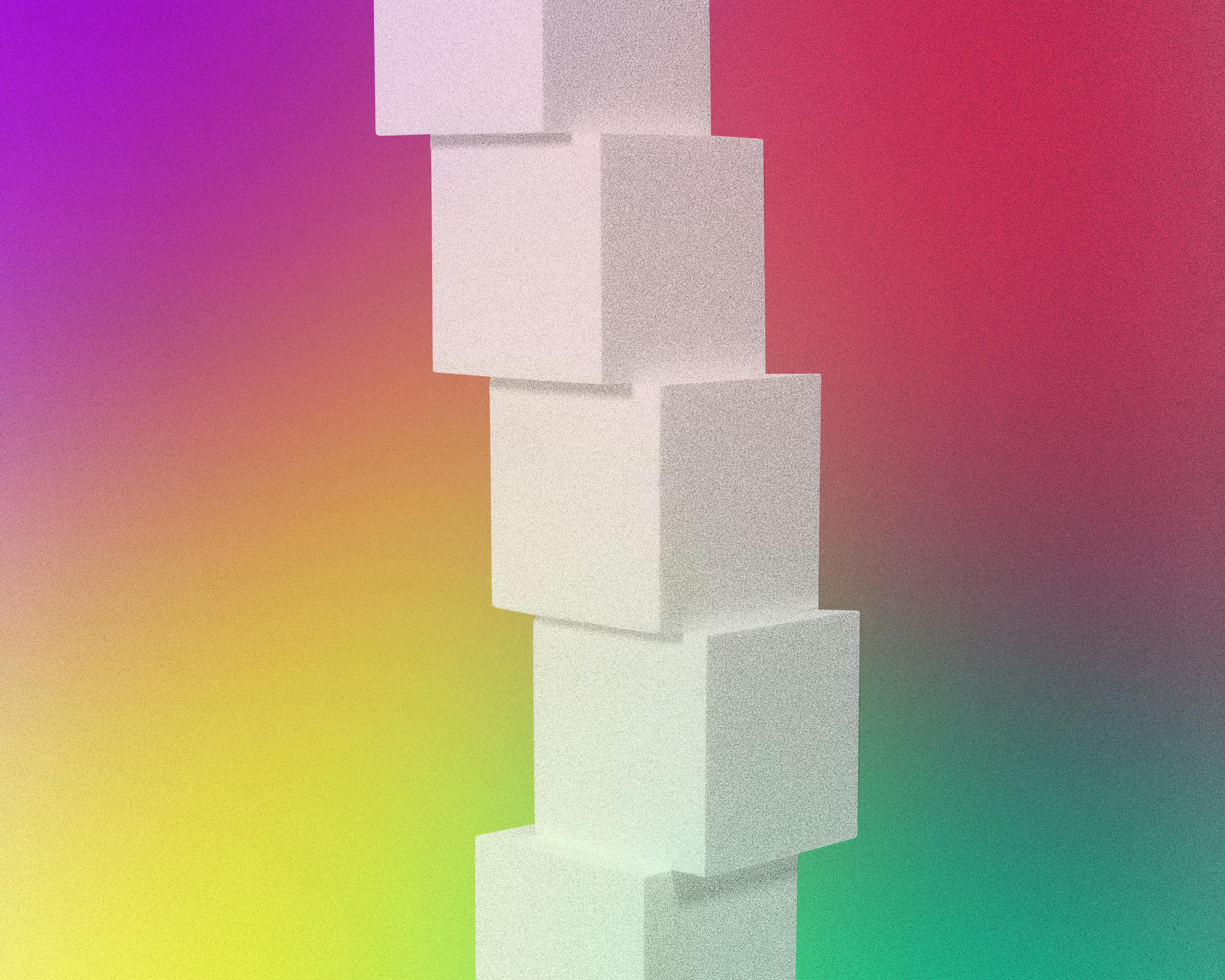 Close-up of Architectonic I, a colorful digital c-print with white cubes by artist Adam Ryder.
