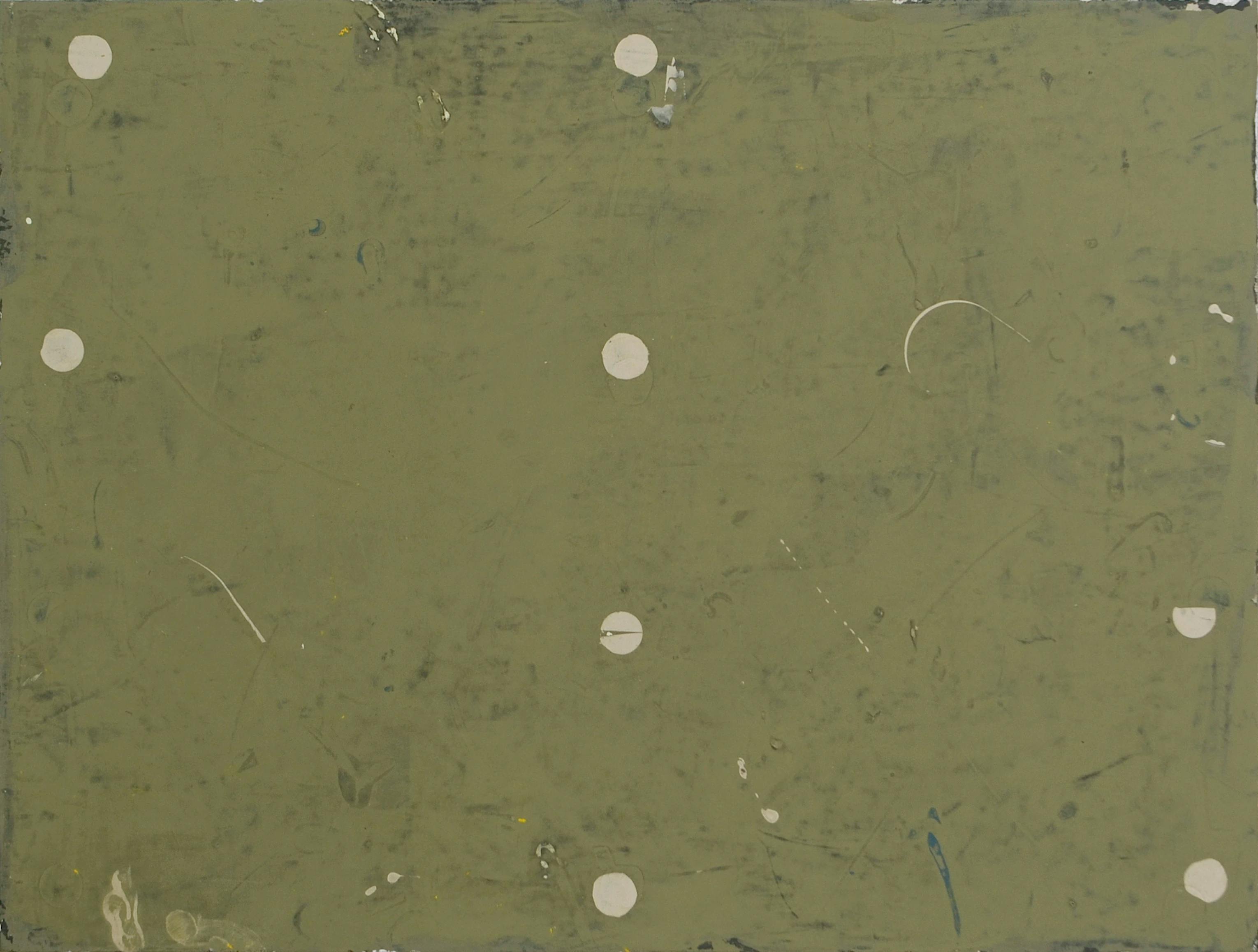 Distressed green painting with beige dotted pattern by artist Clay Mahn.