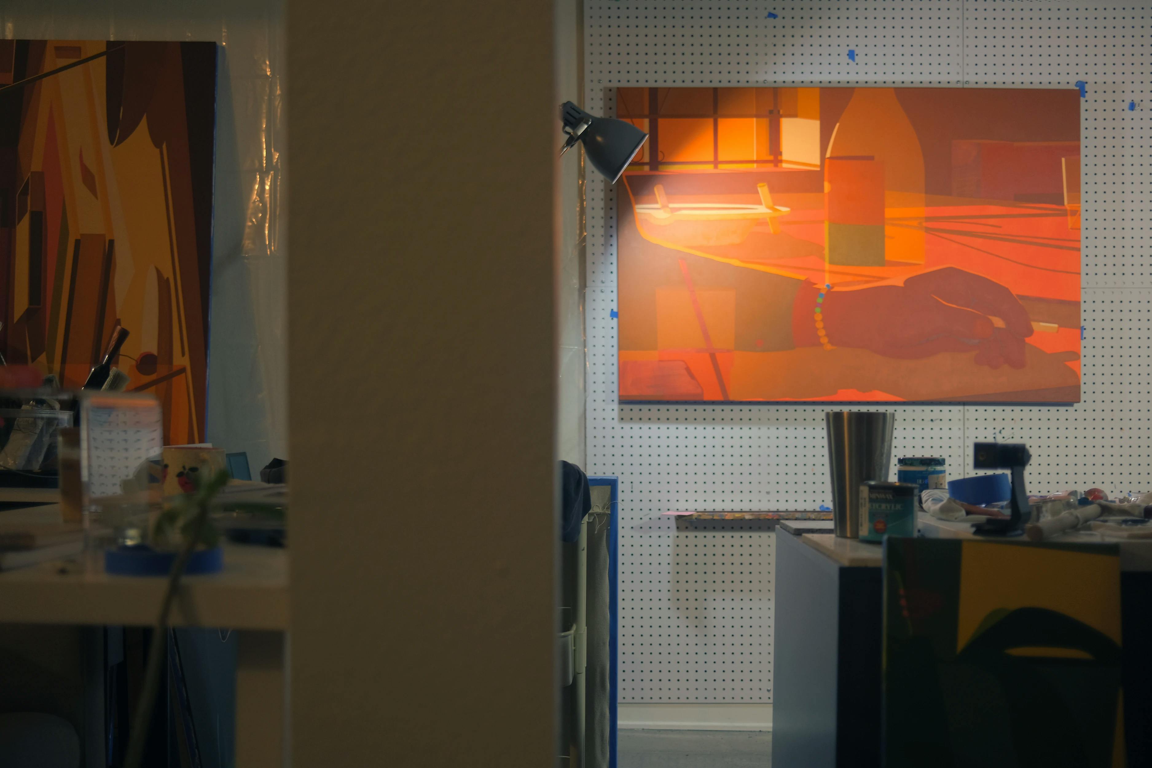 An orange painting in Adrian Kay Wong's studio. 